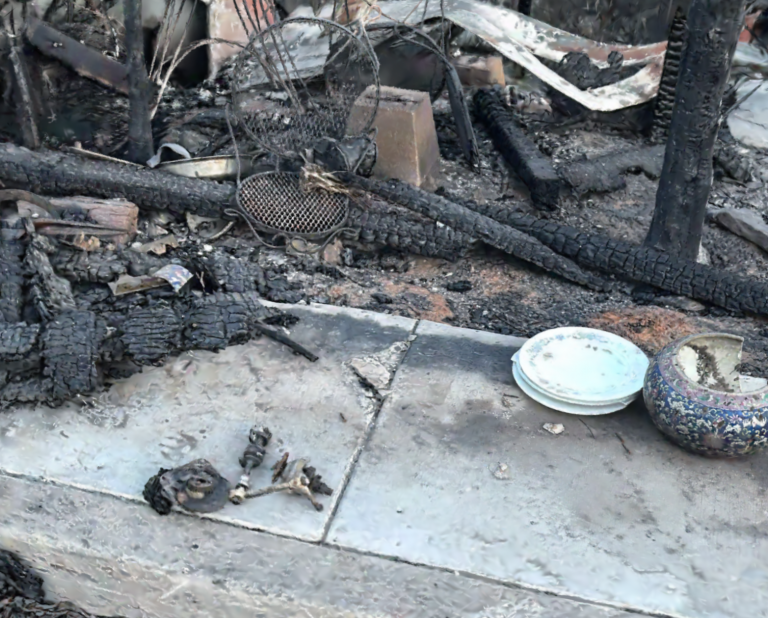 Destroyed Wrought Iron Chair, pan, plate, broken blue pot